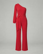 Eleganter Damen Jumpsuit im One Shoulder Schnitt mit Bindegürtel und weitem Bein
