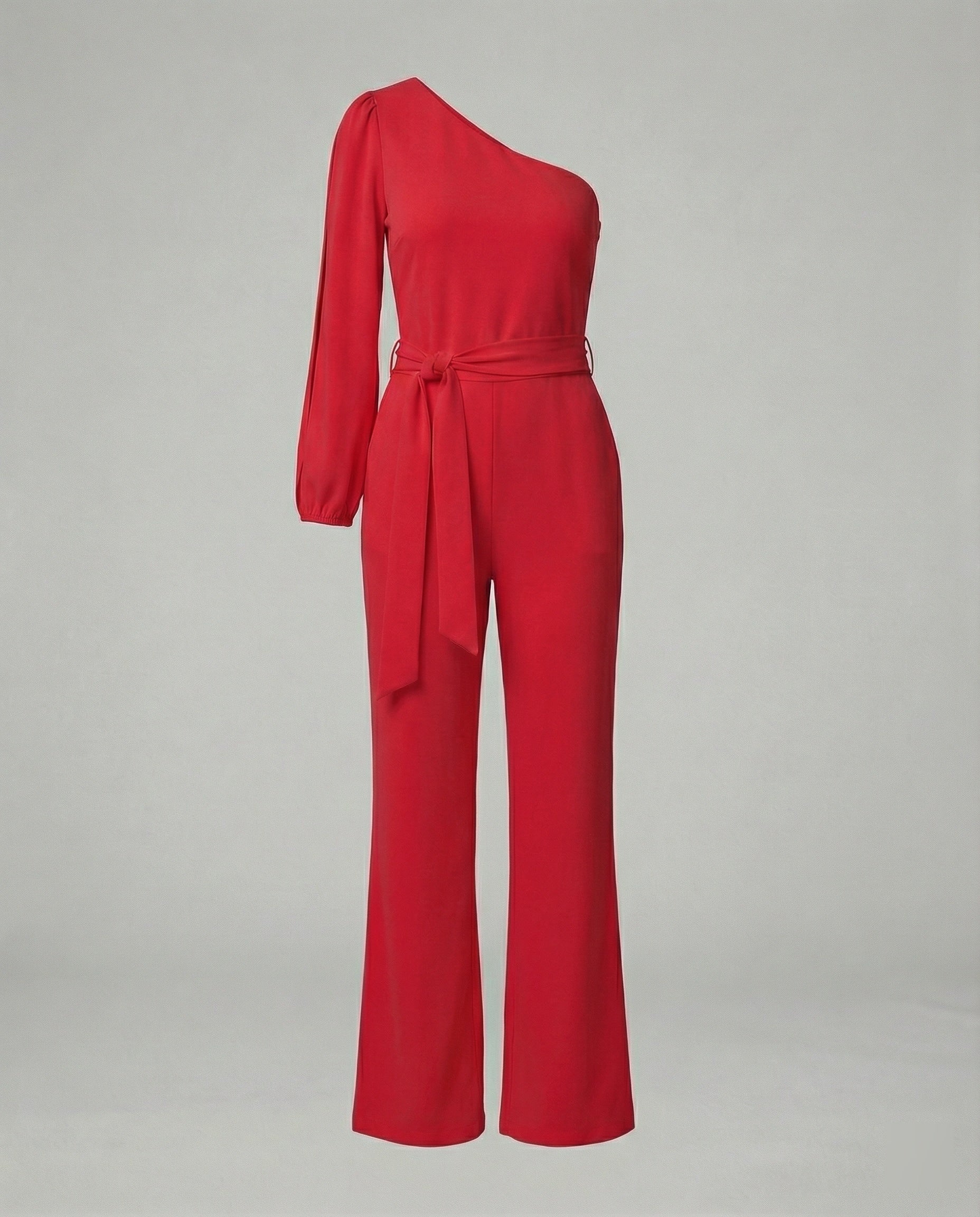 Eleganter Damen Jumpsuit im One Shoulder Schnitt mit Bindegürtel und weitem Bein