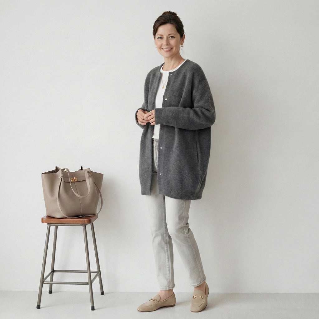 Langer Cardigan für Damen ohne Kragen im Relaxed Fit
