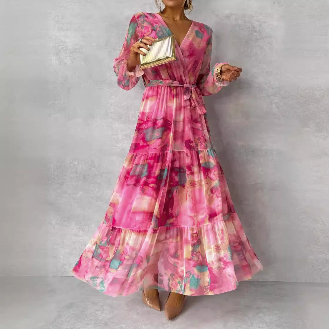 Wickelkleid Damen langarm mit Bindegürtel und Blumendruck | Maxi