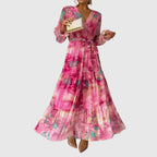 Wickelkleid Damen langarm mit Bindegürtel und Blumendruck | Maxi
