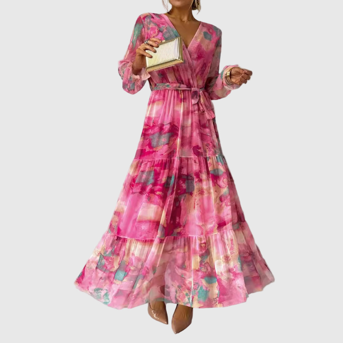 Wickelkleid Damen langarm mit Bindegürtel und Blumendruck | Maxi
