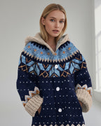 Damen Strickjacke mit Kapuze und Knöpfen - lang