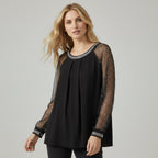Langarm Top für Damen mit transparenten Meshärmeln und Pailletten