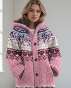 Damen Strickjacke mit Kapuze und Knöpfen - lang