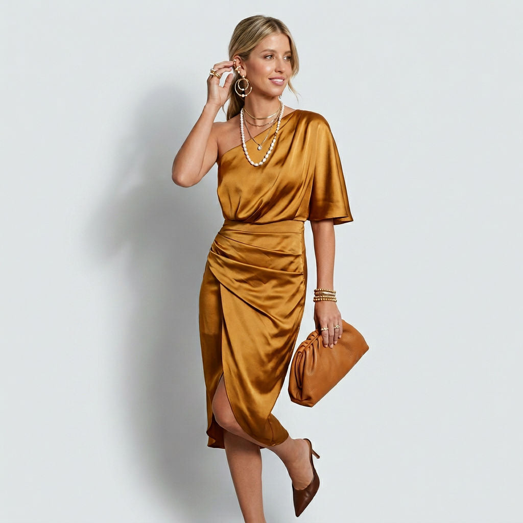 Abendkleid im Midi-Schnitt mit One Shoulder aus Satin 4