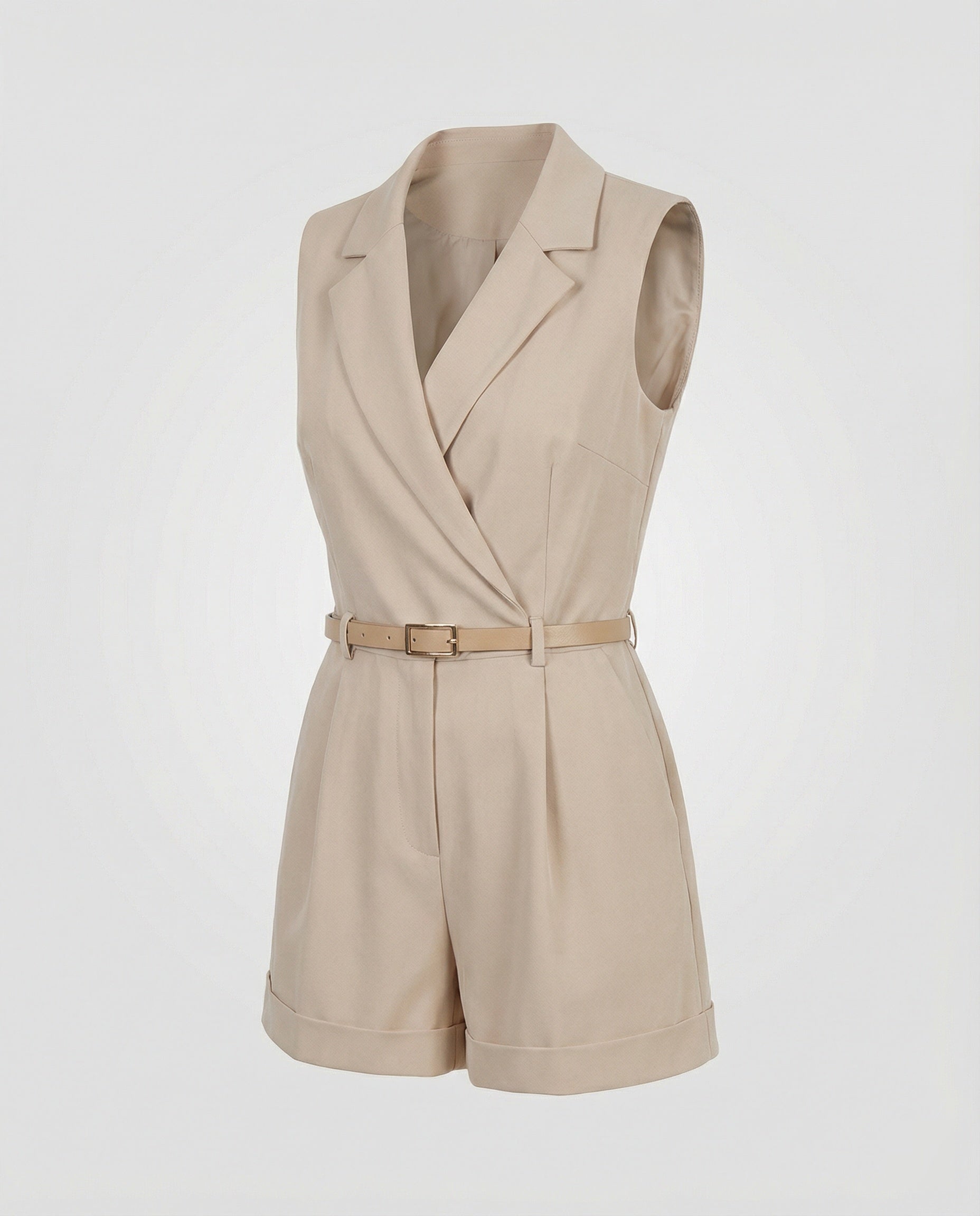 Eleganter ärmelloser Jumpsuit mit Reverskragen und Gürtel für Damen