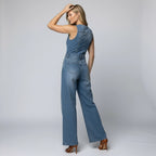 Damen Jeans Jumpsuit im ärmellosen Schnitt mit weitem Bein