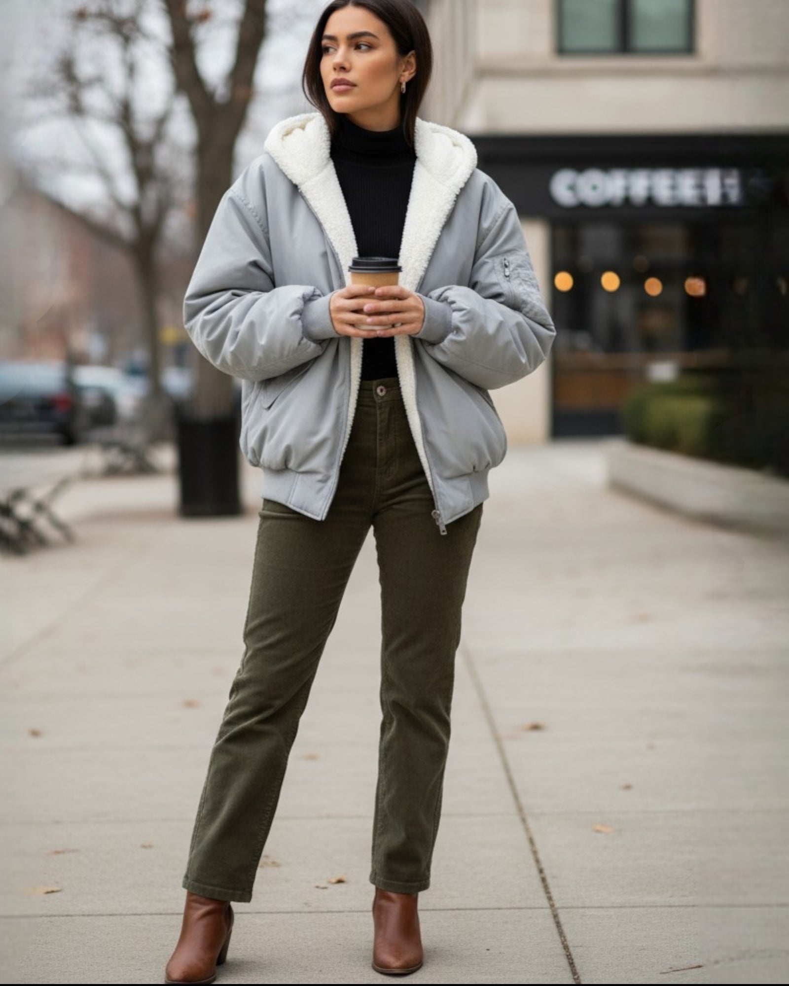 Oversized Winterjacke für Damen mit weicher Kapuze aus Kunstpelz im Bomber-Stil