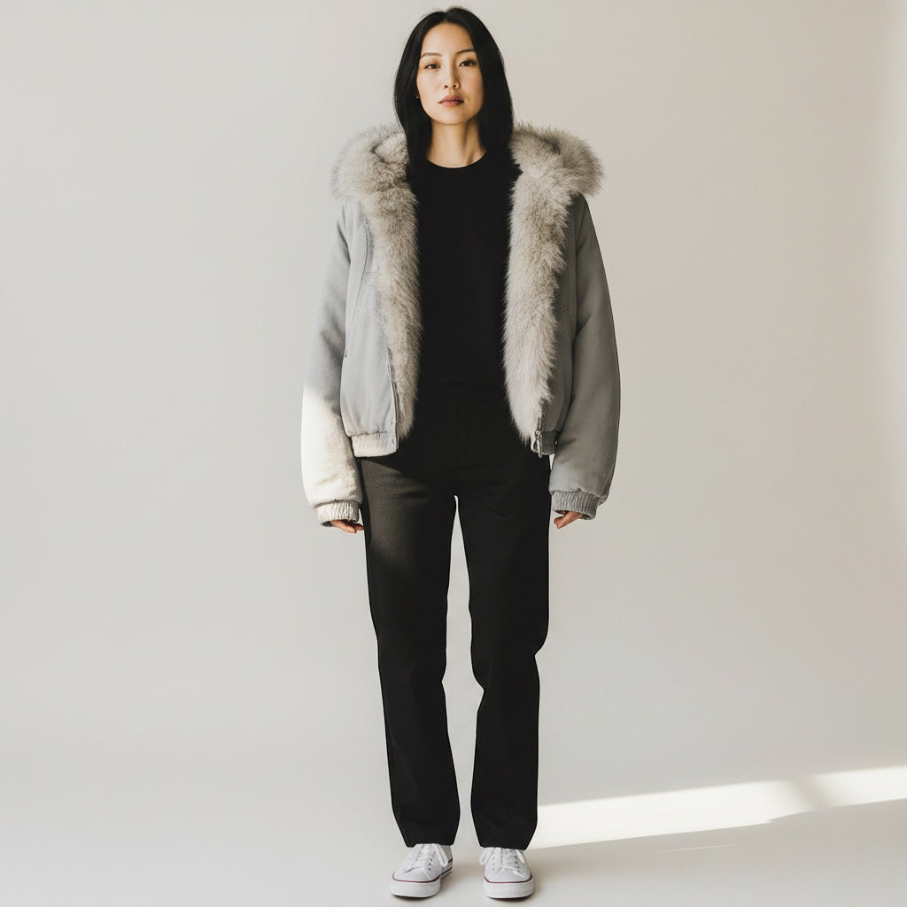 Unisex Kurzjacke mit Kunstfellkragen und elastischem Saum