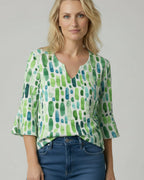 Gemusterte Bluse für Damen mit V-Ausschnitt und 3/4-Ärmeln
