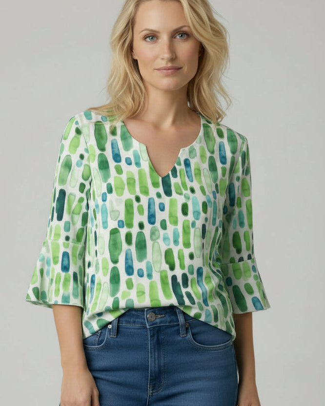 Gemusterte Bluse für Damen mit V-Ausschnitt und 3/4-Ärmeln