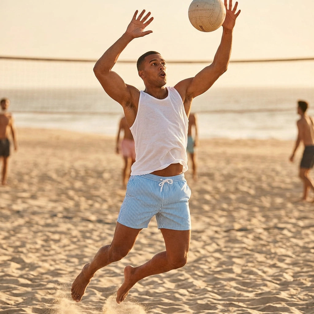Badeshorts für Herren in knielanger Form mit Gummibund im Streifenmuster 13