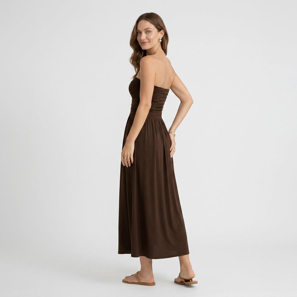 Bandeau kleid für Damen in trägerloser Form aus Baumwolle als Sommerkleid Braun 2