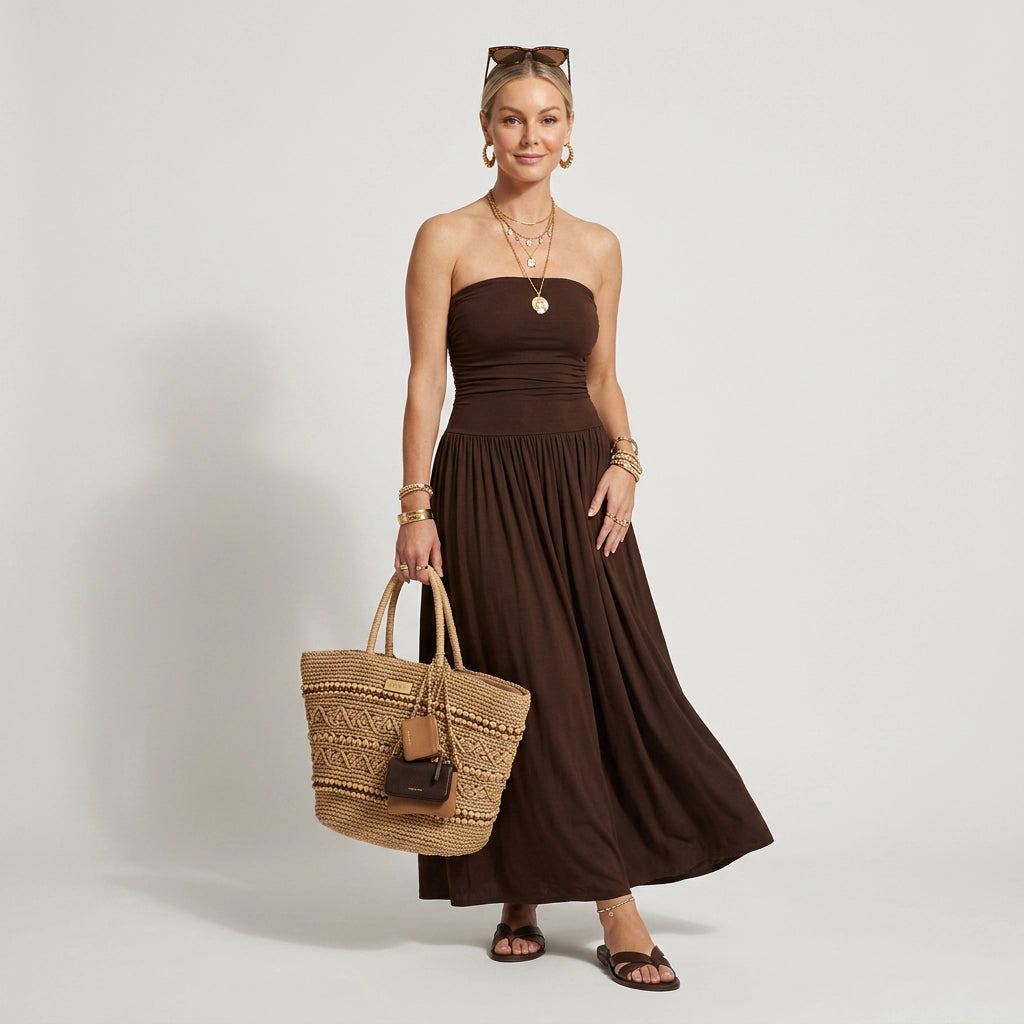 Bandeau kleid für Damen in trägerloser Form aus Baumwolle als Sommerkleid Braun 3