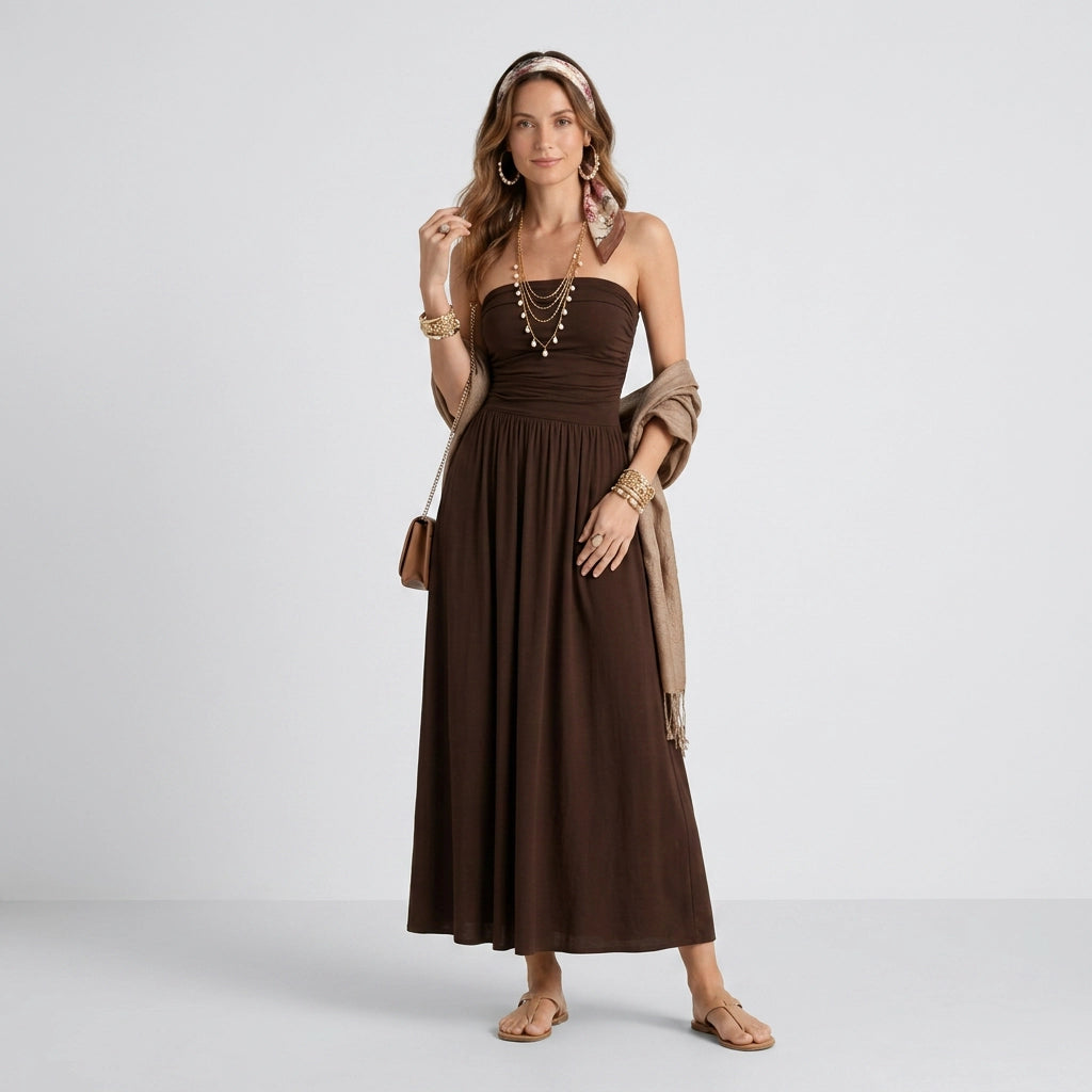 Bandeau kleid für Damen in trägerloser Form aus Baumwolle als Sommerkleid Braun 4