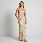 Bandeau kleid für Damen in trägerloser Form aus Chiffon mit Blumenprint Beige 1