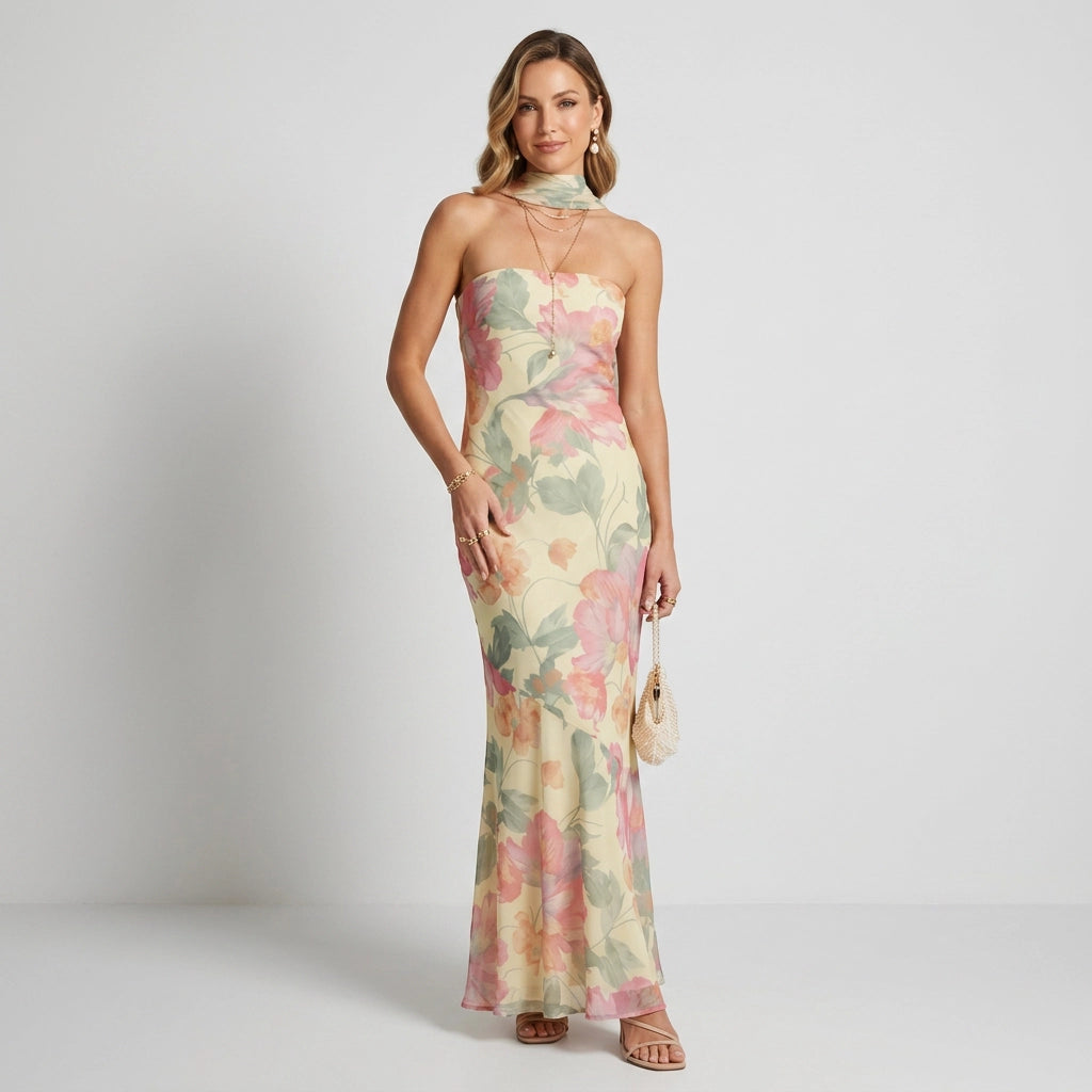 Bandeau kleid für Damen in trägerloser Form aus Chiffon mit Blumenprint Beige 1