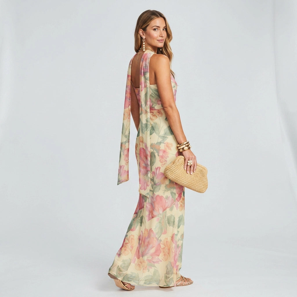Bandeau kleid für Damen in trägerloser Form aus Chiffon mit Blumenprint Beige 3