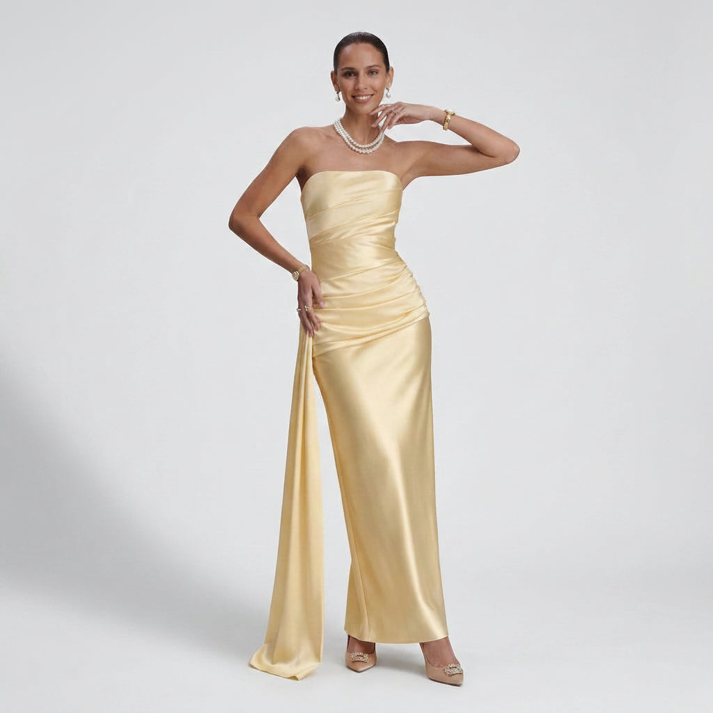 Bandeau kleid für Damen in trägerloser Form aus Satin im festlichen Stil Gelb 2