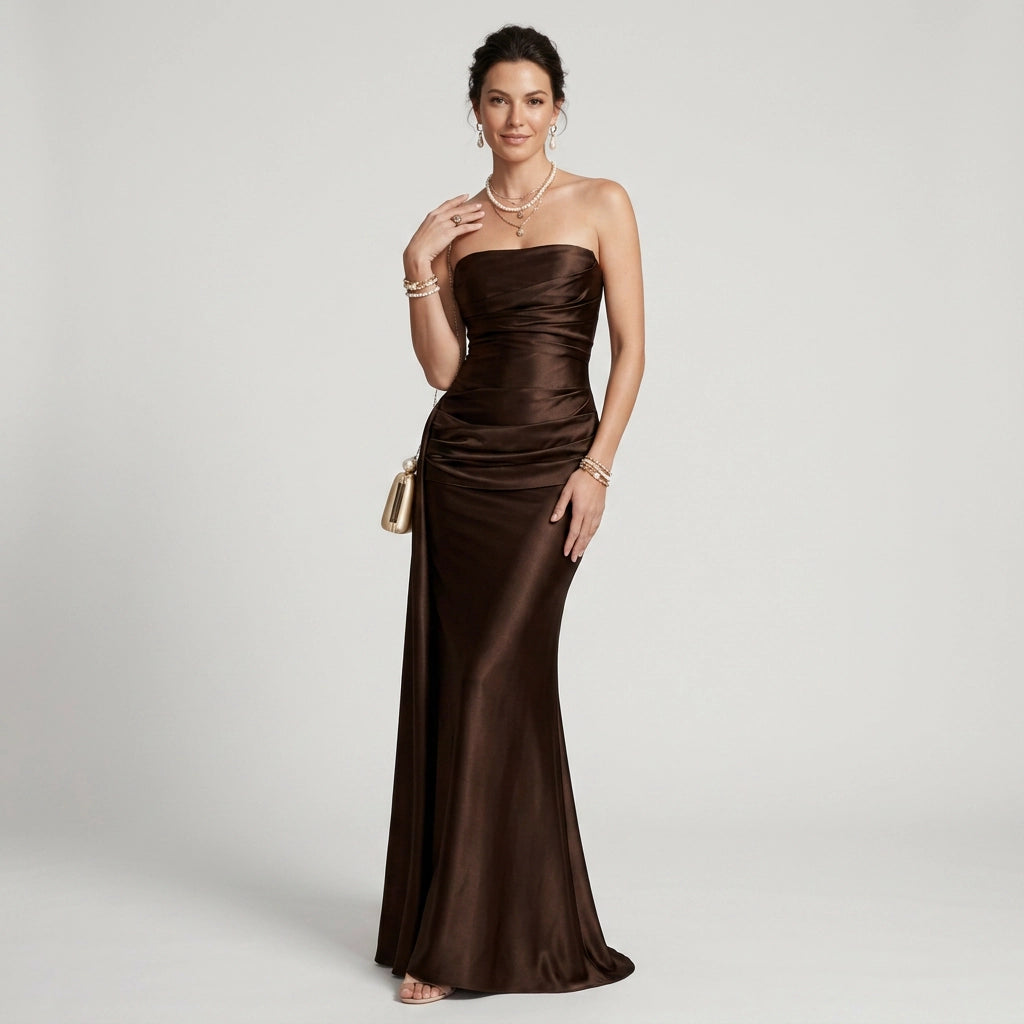 Bandeau kleid für Damen in trägerloser Form aus Satin im festlichen Stil Braun 3