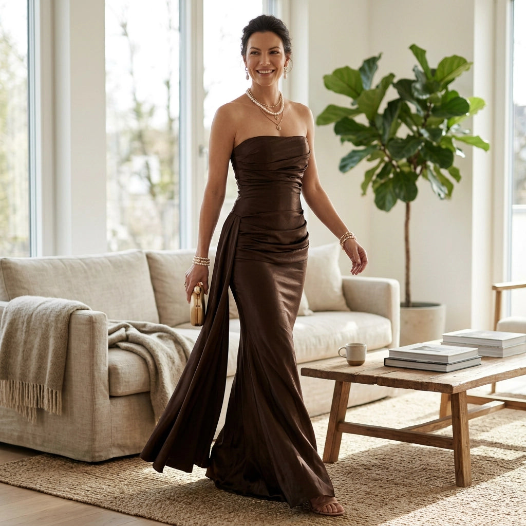 Bandeau kleid für Damen in trägerloser Form aus Satin im festlichen Stil 4