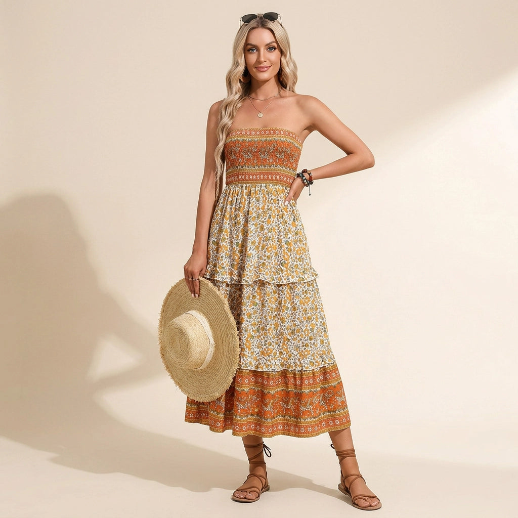 Bandeau kleid für Damen mit gesmoktem Oberteil in Blumenprint für den Sommer Orange 1