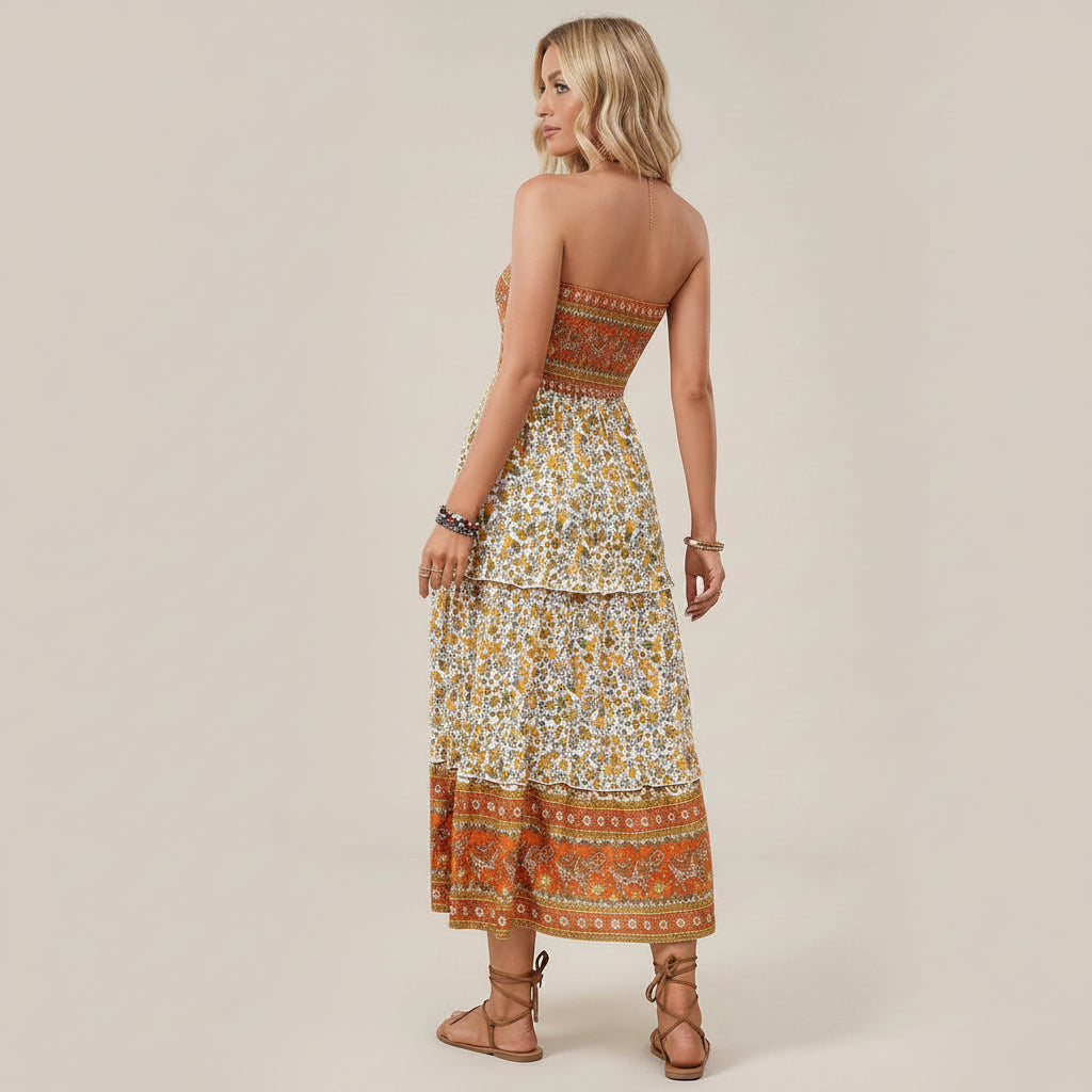 Bandeau kleid für Damen mit gesmoktem Oberteil in Blumenprint für den Sommer Orange 3