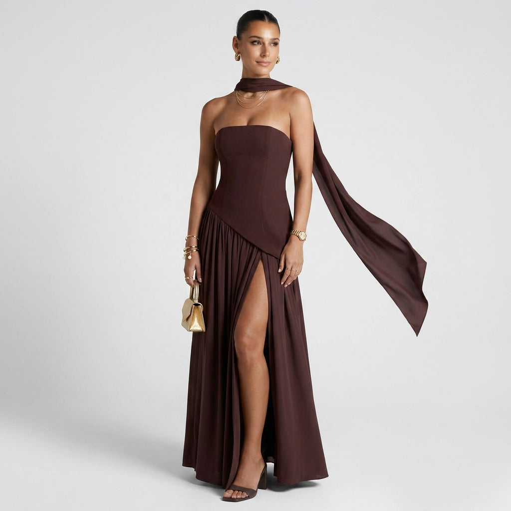 Bandeau kleid für Damen trägerlos aus Chiffon im festlichen Stil Braun 1
