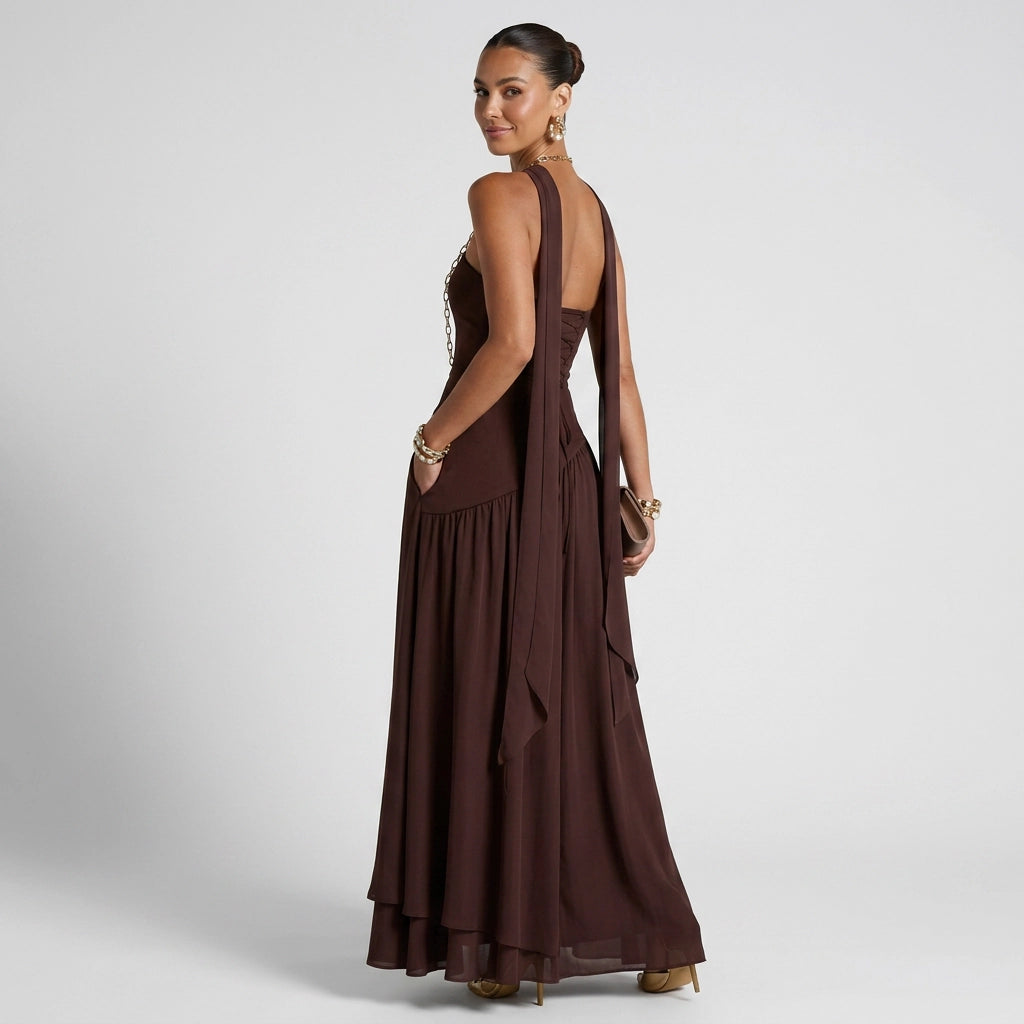 Bandeau kleid für Damen trägerlos aus Chiffon im festlichen Stil Braun 2