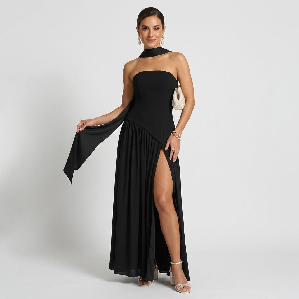 Bandeau kleid für Damen trägerlos aus Chiffon im festlichen Stil Schwarz 3