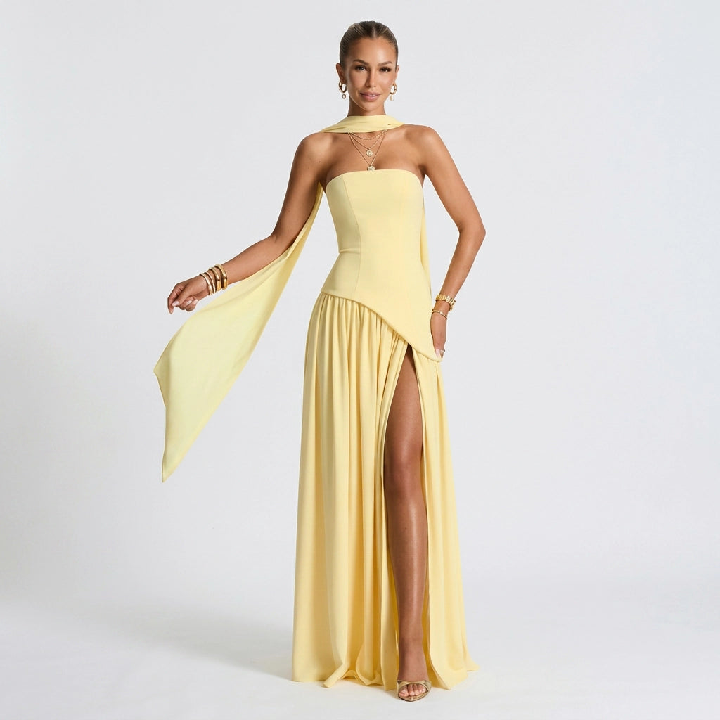 Bandeau kleid für Damen trägerlos aus Chiffon im festlichen Stil Gelb 4