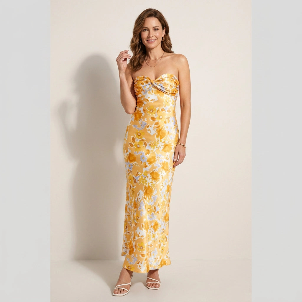 Bandeaukleid für Damen im engen Schnitt mit Blumenmuster für die Hochzeit Gelb 3