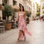 Bandeaukleid für Damen im gesmokten Design aus Chiffon für festliche Anlässe Rosa 1
