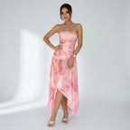Bandeaukleid für Damen im gesmokten Design aus Chiffon für festliche Anlässe Rosa 2