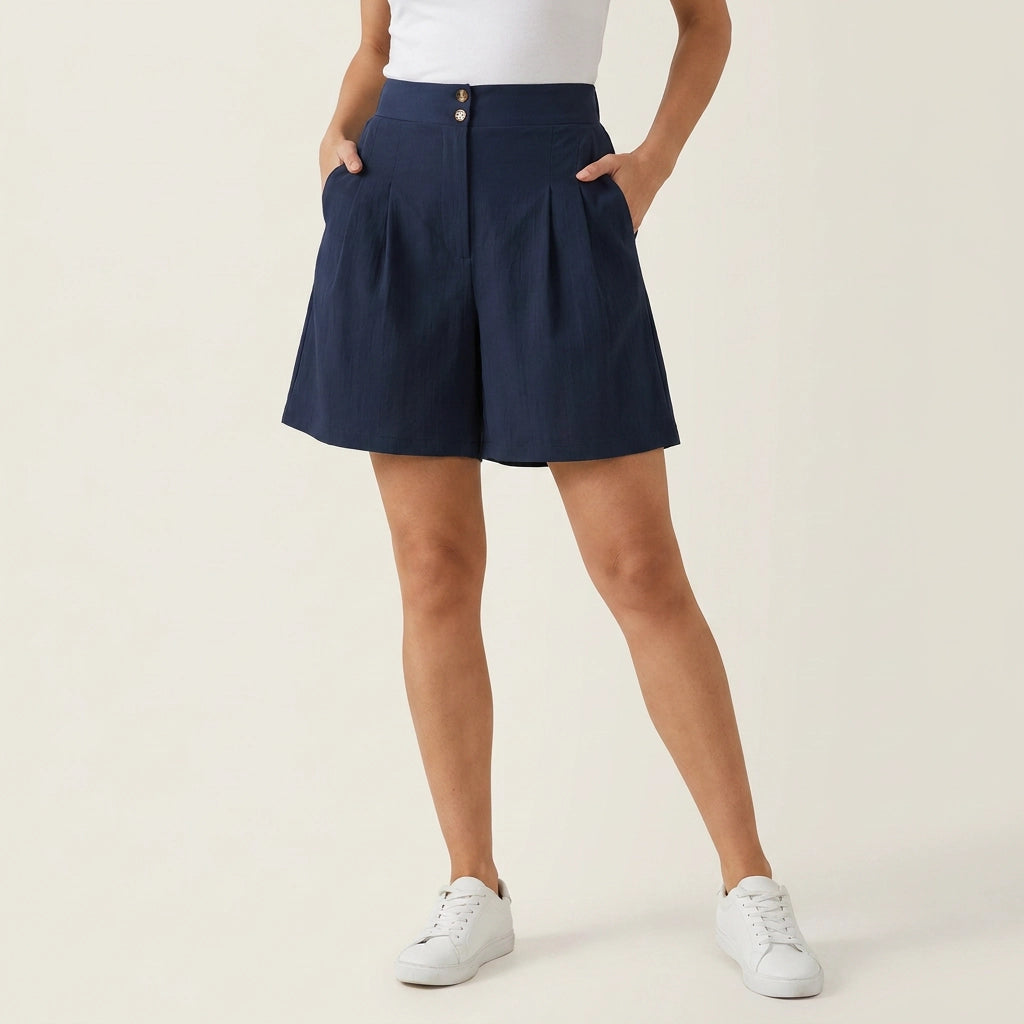 Bermuda für Damen aus Leinen mit High Waist Dunkelblau 1
