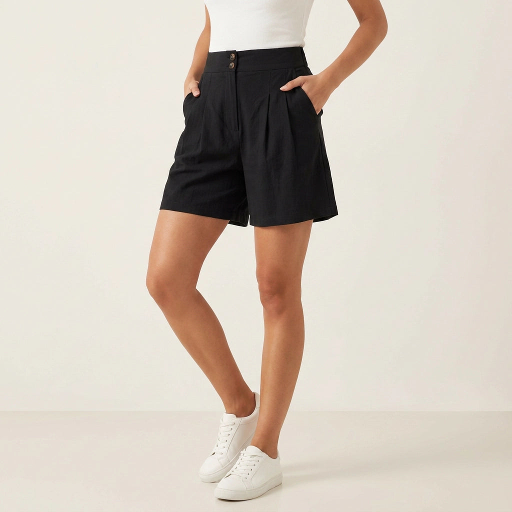 Bermuda für Damen aus Leinen mit High Waist Schwarz 10