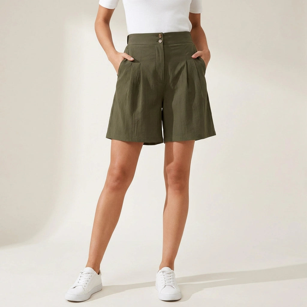 Bermuda für Damen aus Leinen mit High Waist Olive 3