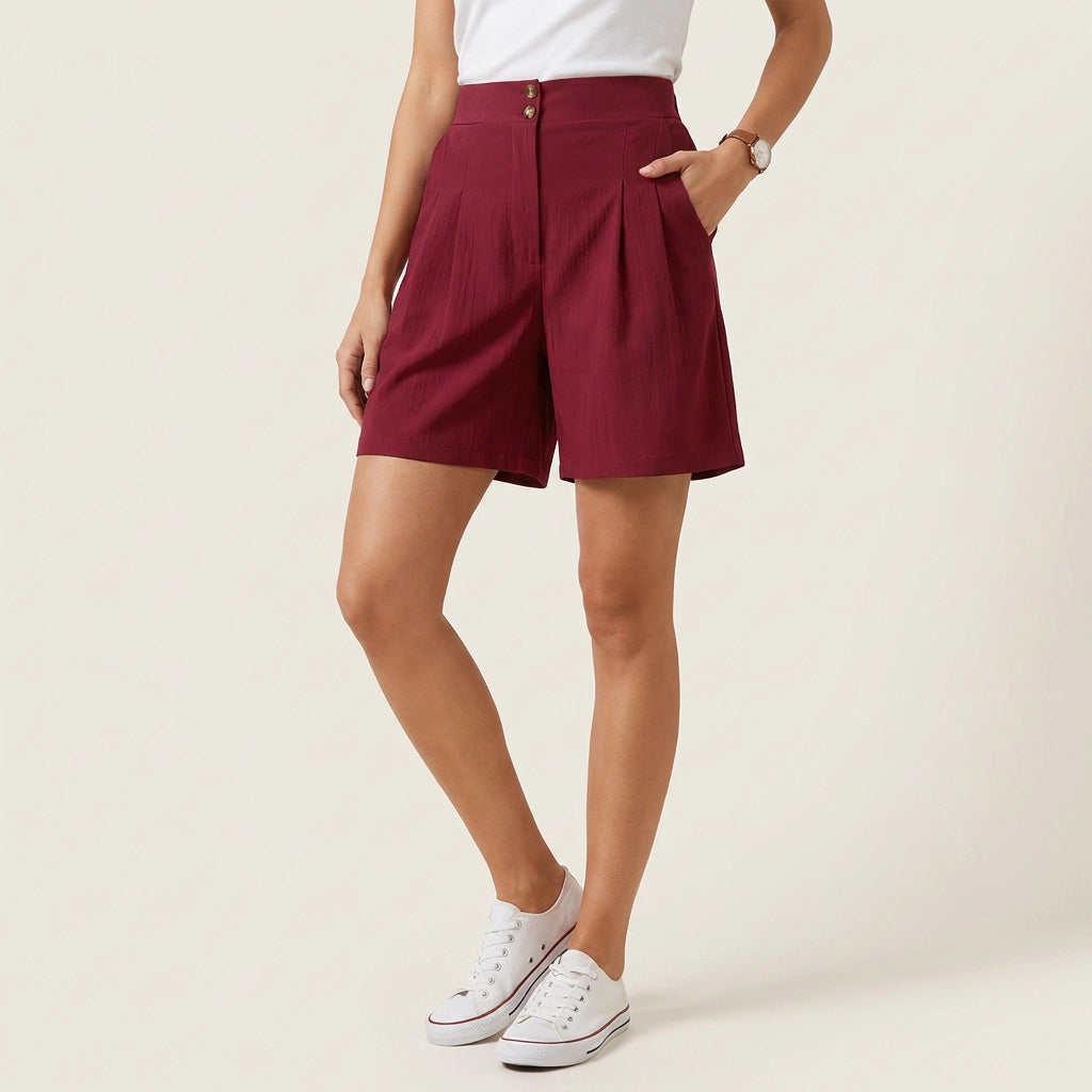 Bermuda für Damen aus Leinen mit High Waist Dunkelrot 5