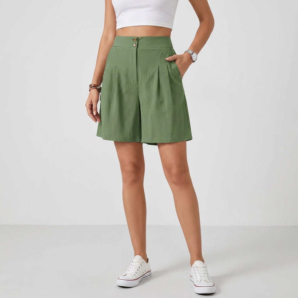 Bermuda für Damen aus Leinen mit High Waist Dunkelgrün 6