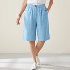 Bermudashorts für Damen aus Leinen in knielanger Form im weiten Schnitt Hellblau 1