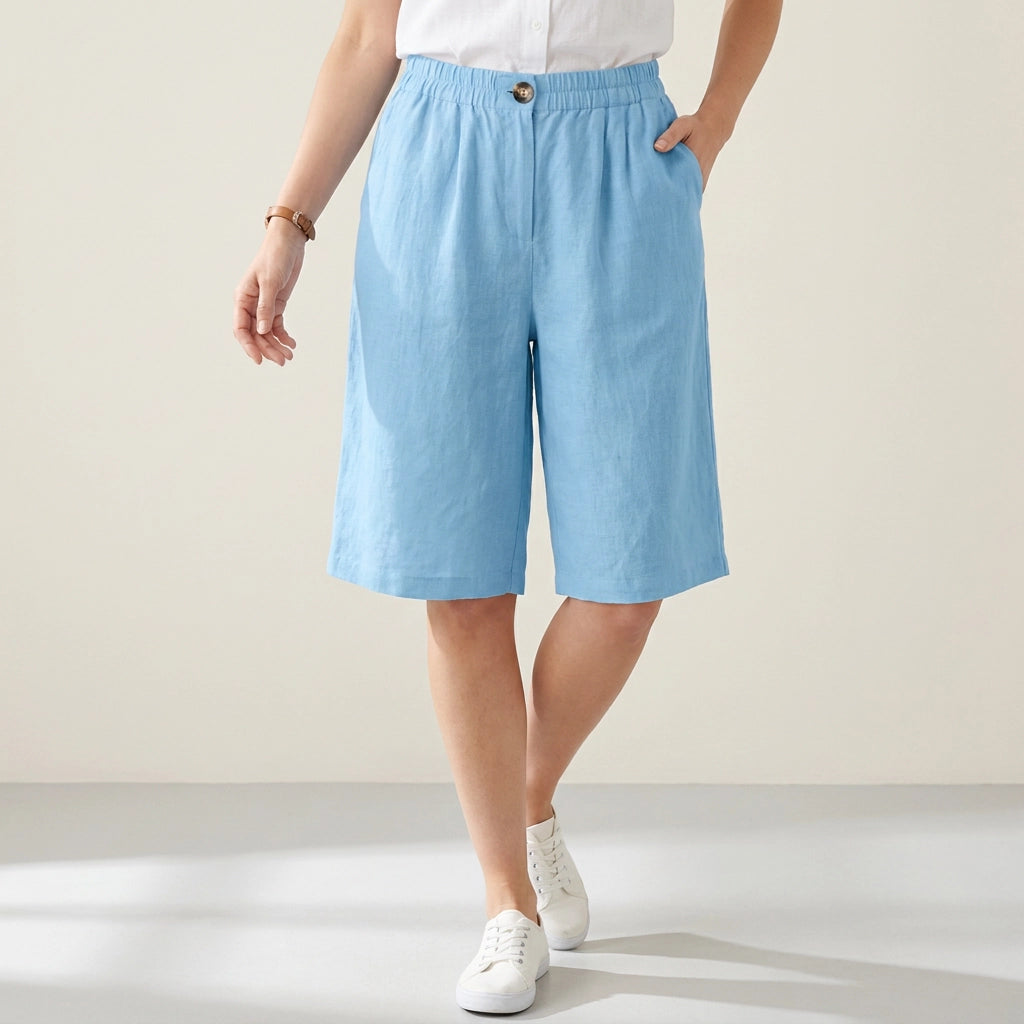 Bermudashorts für Damen aus Leinen in knielanger Form im weiten Schnitt Hellblau 1