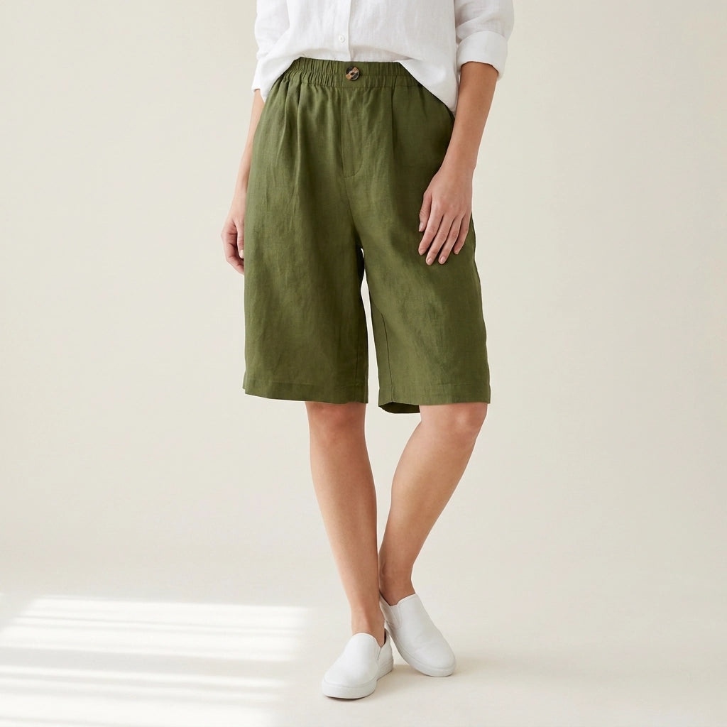Bermudashorts für Damen aus Leinen in knielanger Form im weiten Schnitt Olive 10