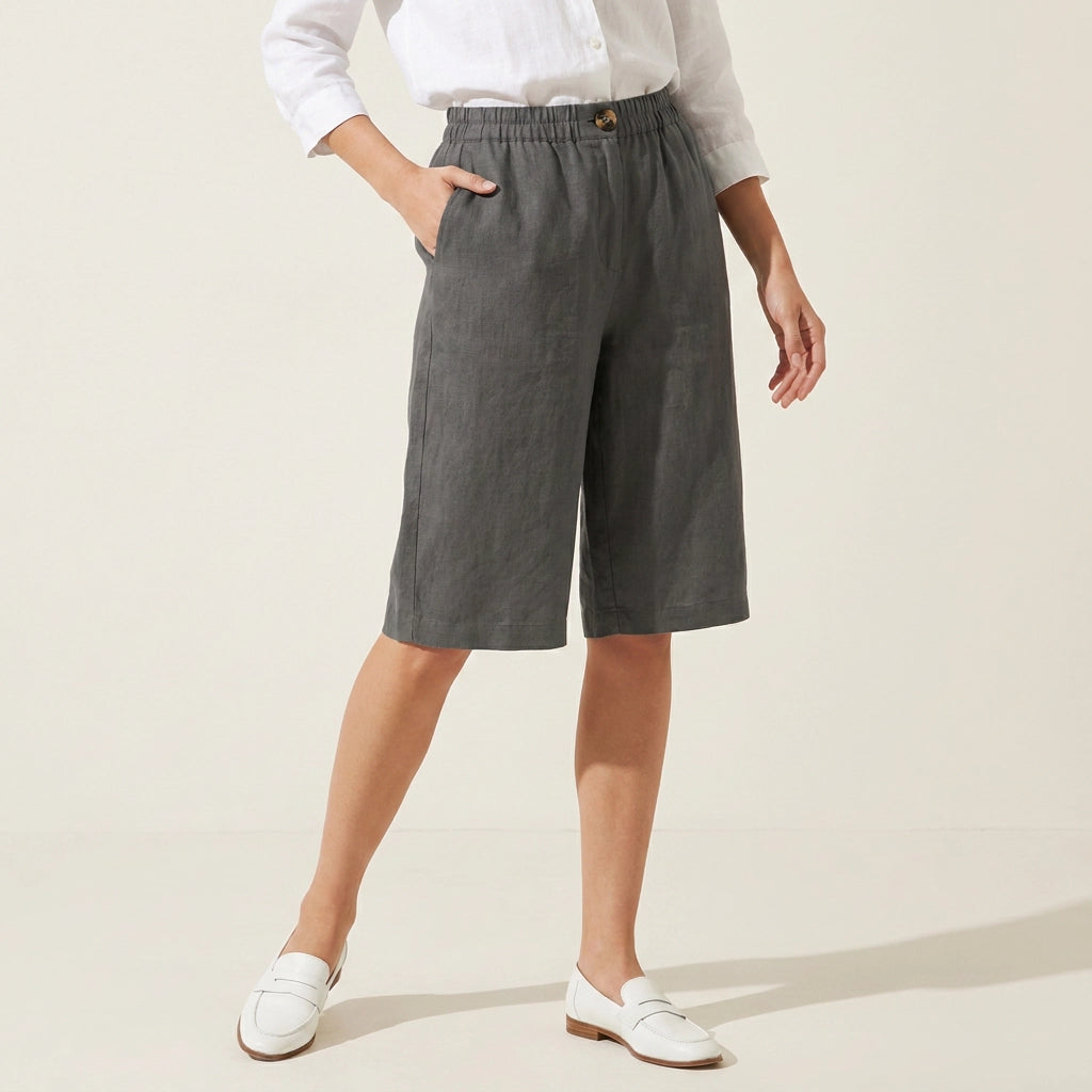 Bermudashorts für Damen aus Leinen in knielanger Form im weiten Schnitt Grau 11
