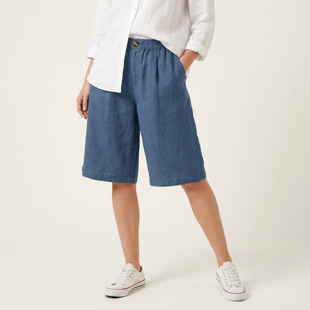 Bermudashorts für Damen aus Leinen in knielanger Form im weiten Schnitt Blau 12