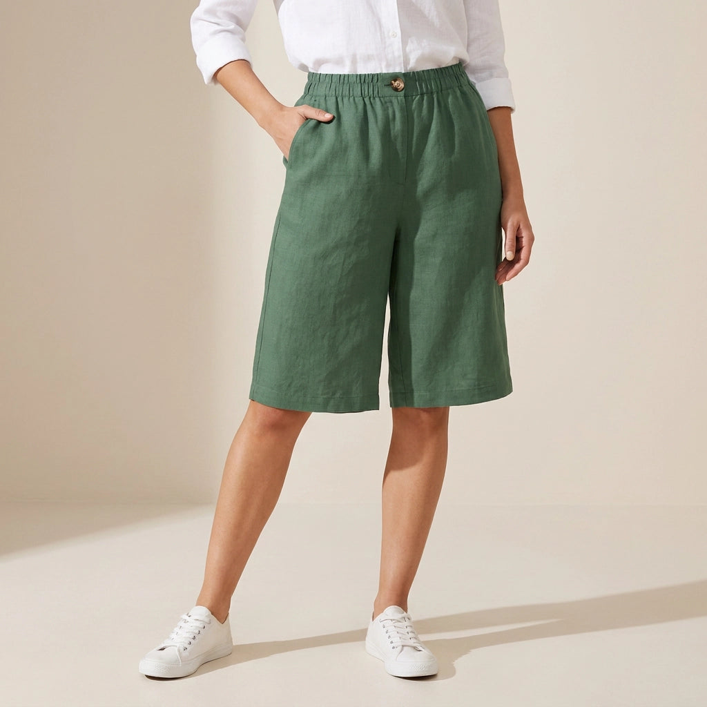Bermudashorts für Damen aus Leinen in knielanger Form im weiten Schnitt Grün 13