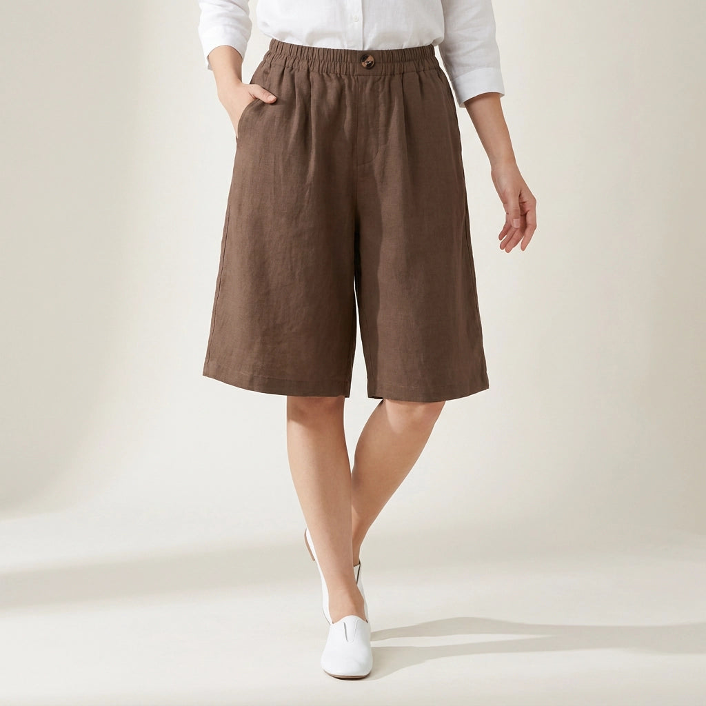 Bermudashorts für Damen aus Leinen in knielanger Form im weiten Schnitt Braun 2