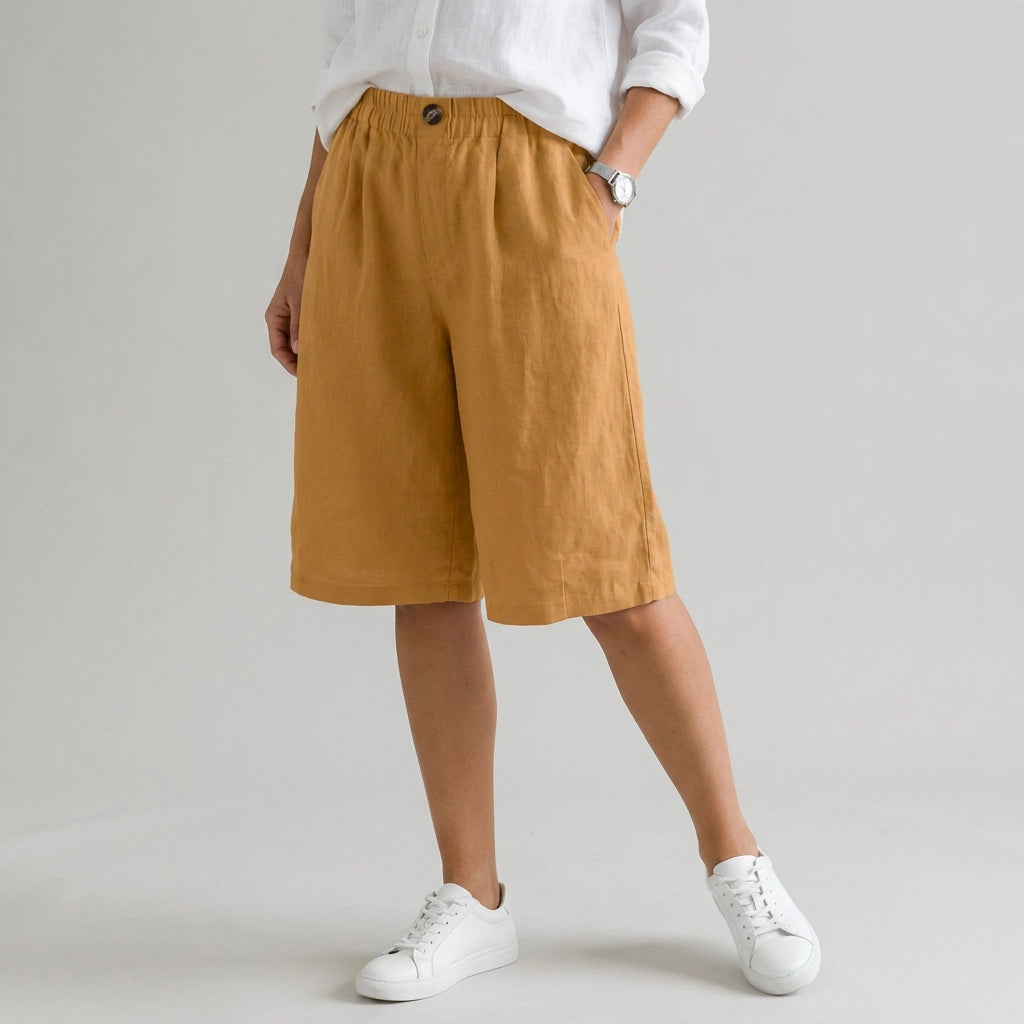 Bermudashorts für Damen aus Leinen in knielanger Form im weiten Schnitt Gelb 3