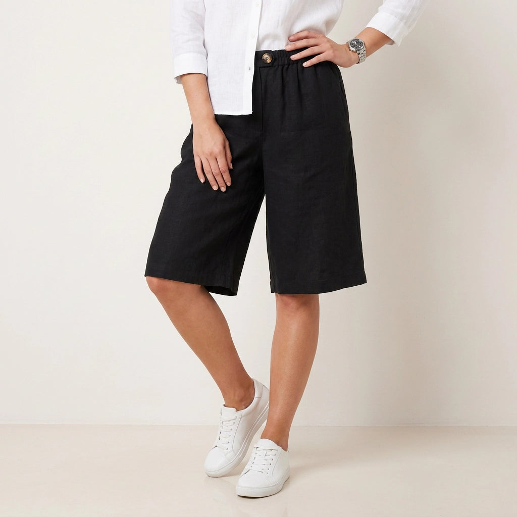 Bermudashorts für Damen aus Leinen in knielanger Form im weiten Schnitt Schwarz 5