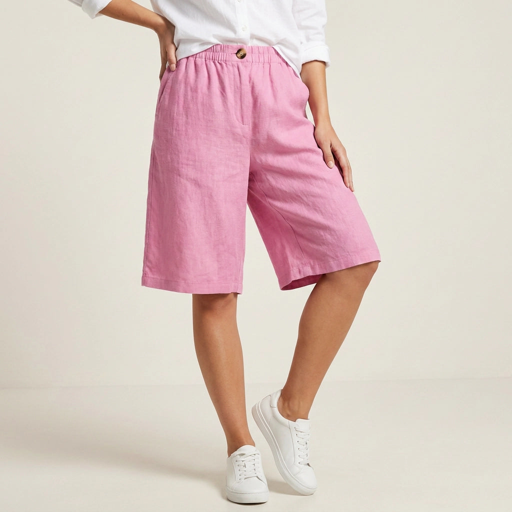 Bermudashorts für Damen aus Leinen in knielanger Form im weiten Schnitt Rosa 7